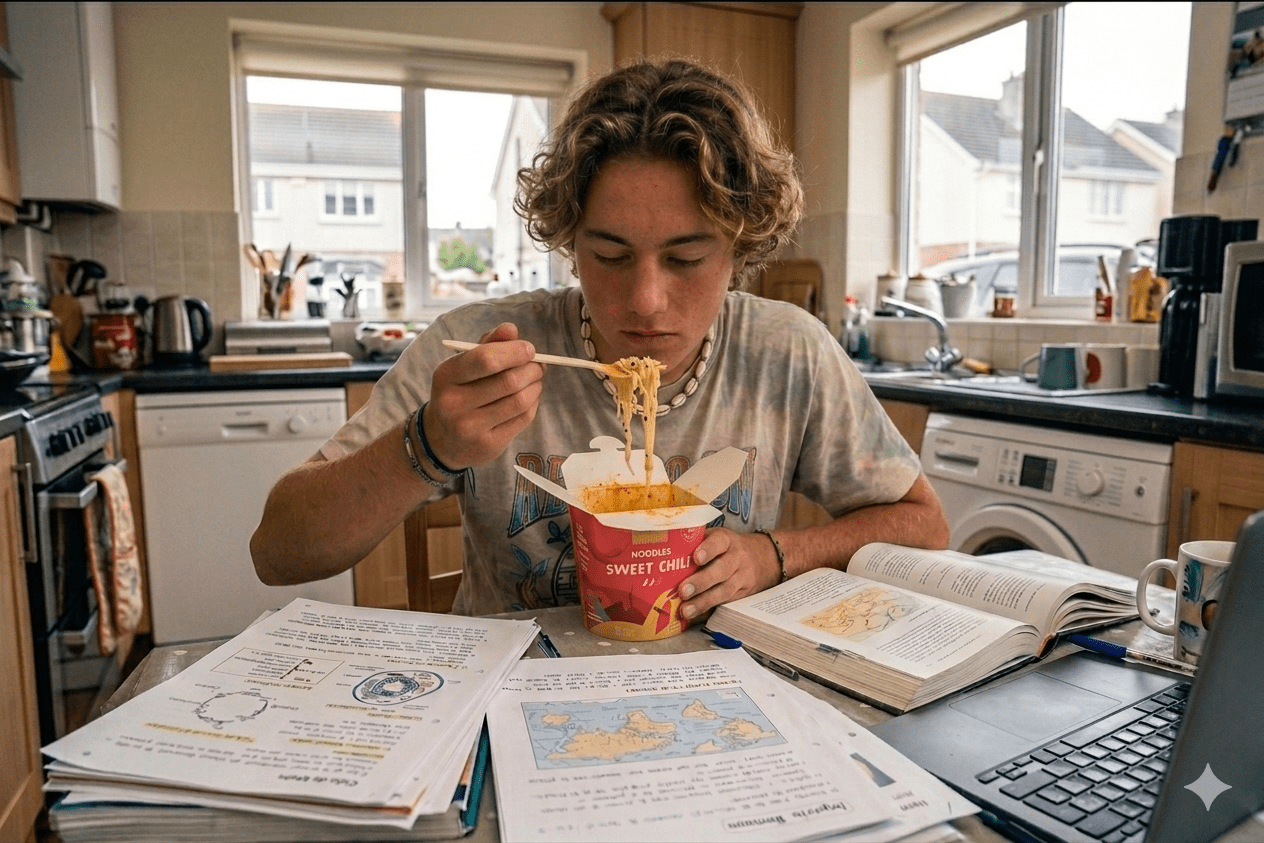 Manuel come Thai Curry estudiando