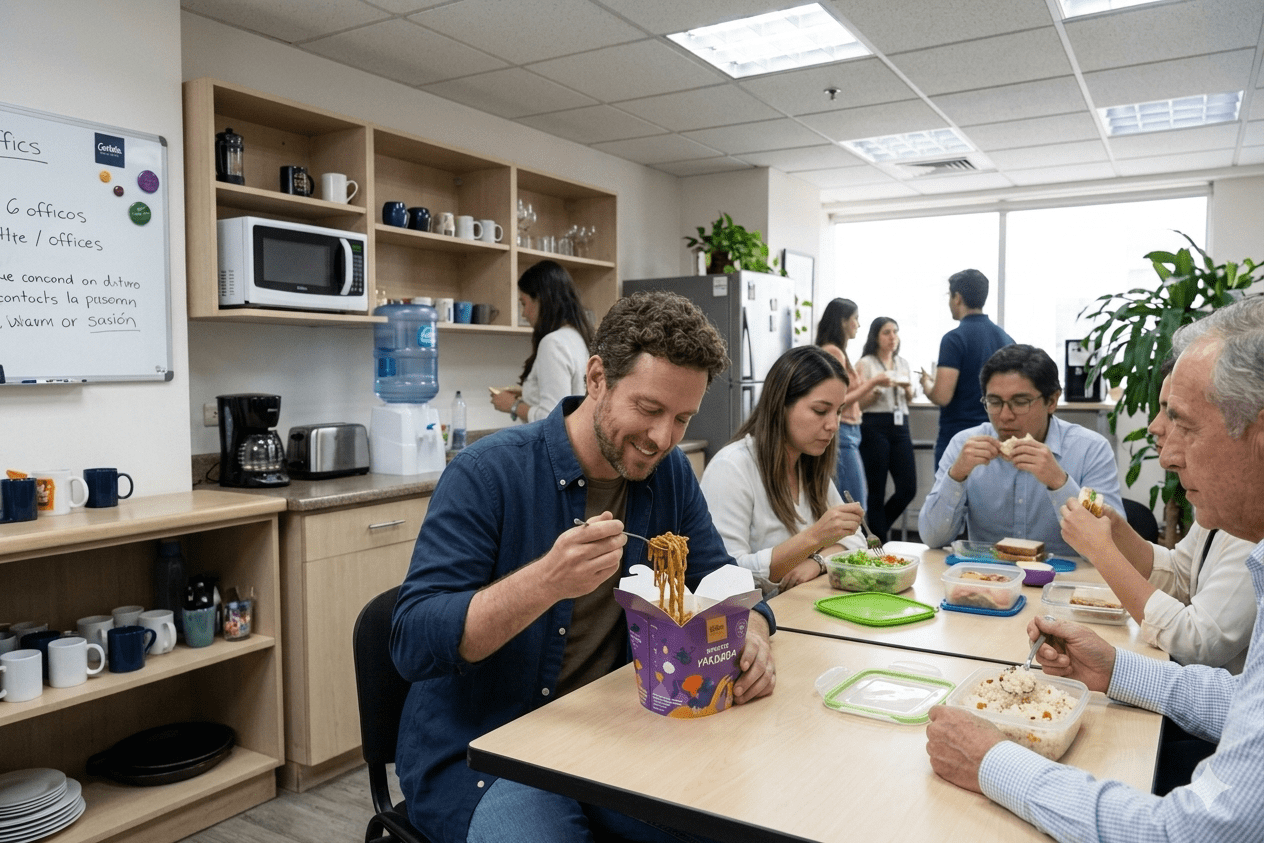 Sergio come Yakisoba en la oficina